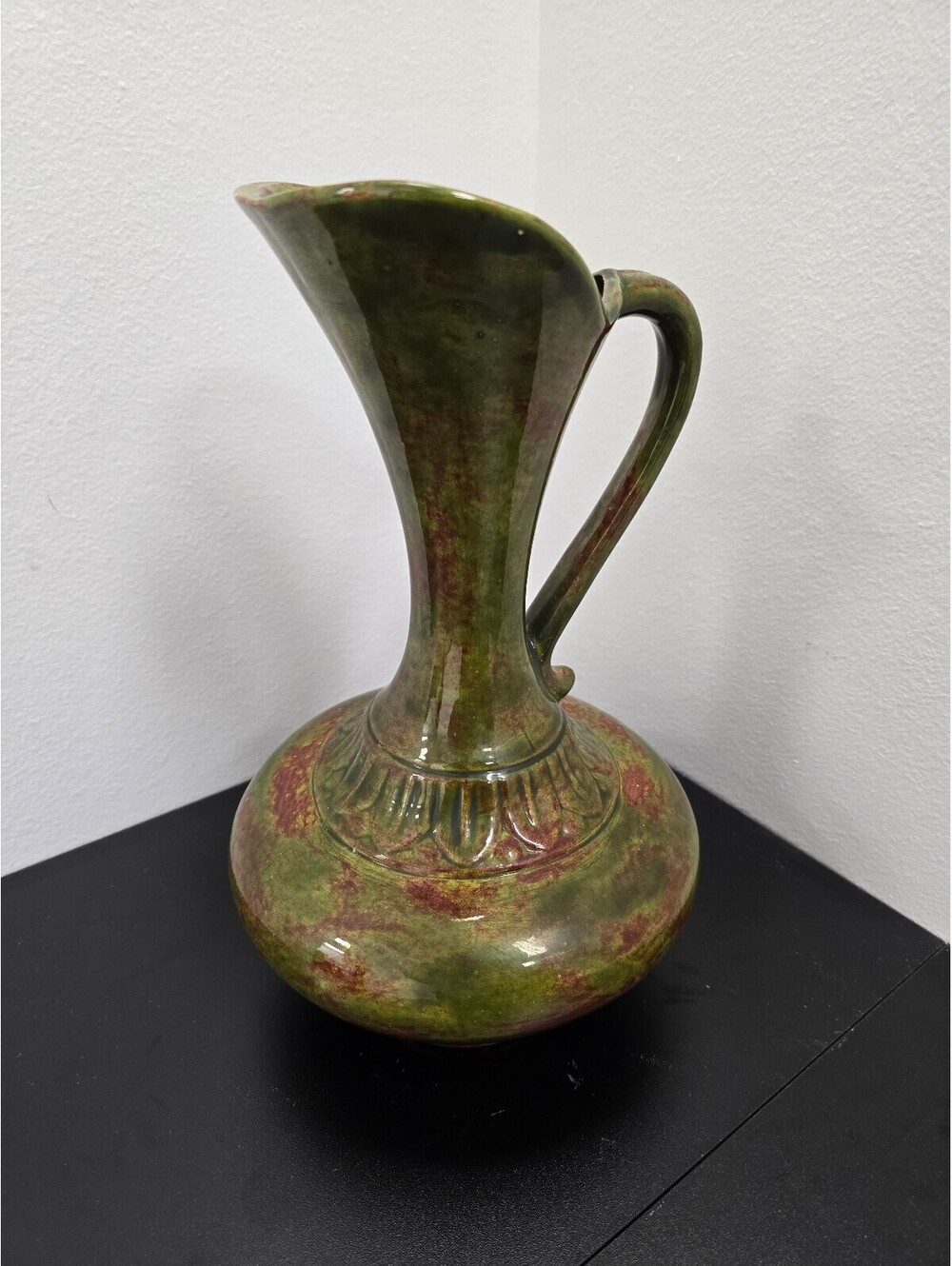 Large Green Brown Glazed Art Pottery Ewer Pitcher 14in